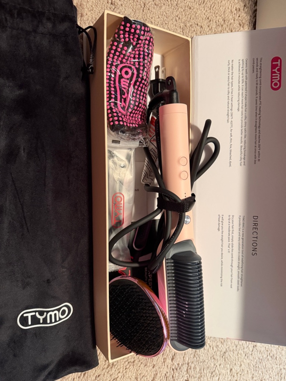 TYMO Pink Hair Straightening Brush - Compact Heated Styling Tool
